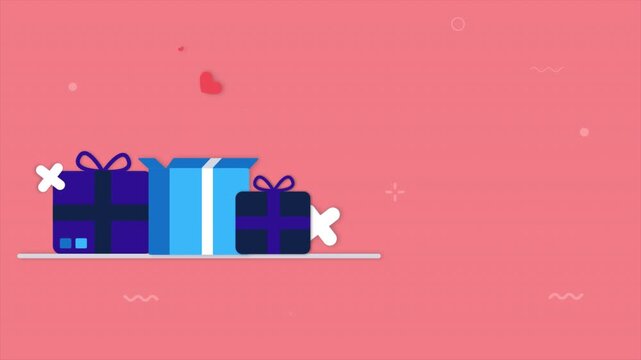 Animated colorful gift boxes floating on a vibrant pink background.