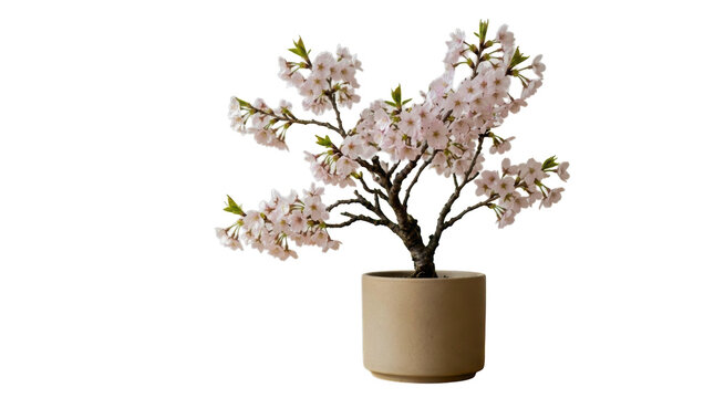 Small cherry blossom tree in a round ceramic pot for interior decor isolated on transparent background