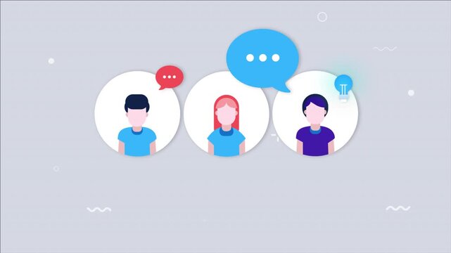 Animated avatars of diverse people communicating with speech bubbles on a gray background.