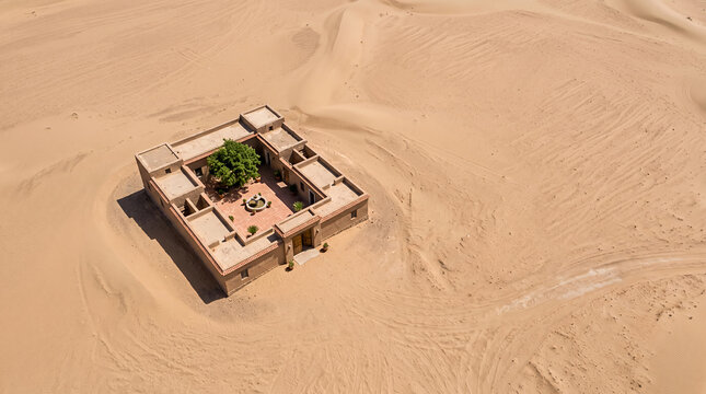 Aerial view of an earthen courtyard house standing alone among desert dunes