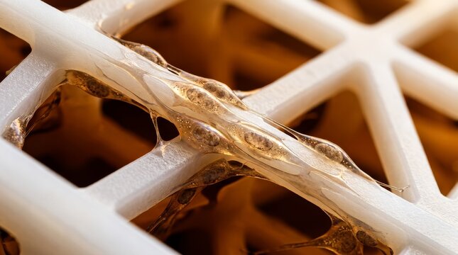 Cultivated meat cells fusing along scaffold strut in tissue culture, alternative protein science concept