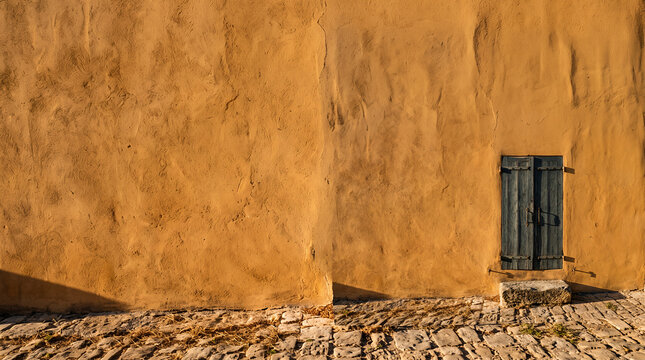Small blue shutters on a wide sunlit ochre wall above cobblestones