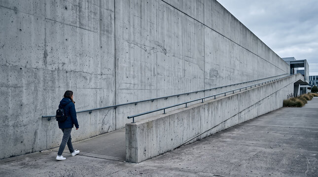 Woman walking along a vast concrete wall beside a rising ramp