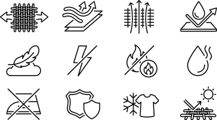 Fototapeta premium Fabric Properties and Garment Feature Line Icon Set with Breathable Waterproof Elastic Lightweight and Protective Textile Symbols for Graphic Design Projects