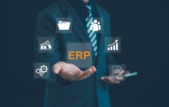 Business professional managing ERP software for enterprise resource planning, AI automation, business analytics, document management, workflow optimization, and digital transformation.