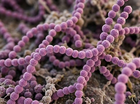 Photorealistic electron microscopy style visualization of Streptococcus bacteria displaying elongated chains of spherical cocci with realistic bacterial membrane texture scientifically accurate microb