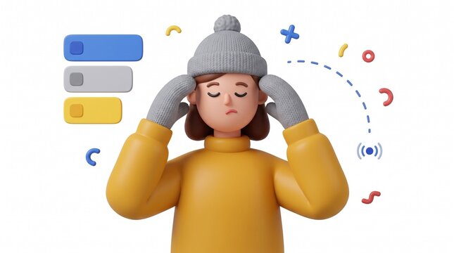 Stressed young woman wearing winter clothing experiencing intense headache with abstract floating geometric shapes isolated on white background