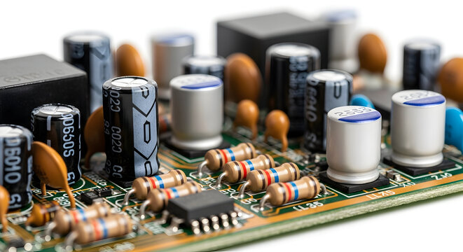 Detailed close-up of electronic circuit board components capacitors resistors and integrated circuit showcasing modern technology innovation