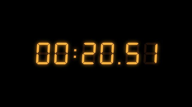 6 Digits Orange Red Digital Countdown Timer Starting at 00:25:00 (25 seconds) on Black Background, Featuring High-Visibility LED Display. 4K Motion Graphics.