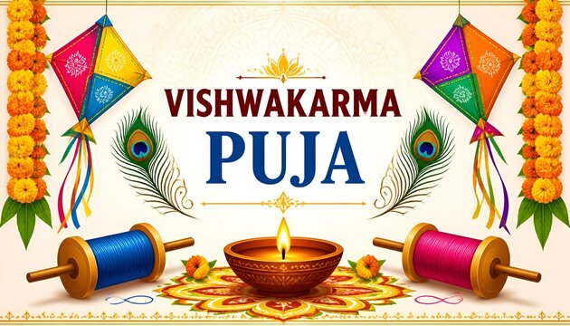 Vishwakarma Puja Festival Banner with Sacred Diya, Colorful Kites and Marigold Garlands on Minimal Background