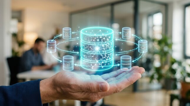 Digital database server icon floating above a person hand in office