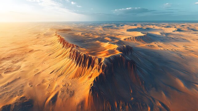 Aerial view of vast desert landscape with intricate sand dunes and rocky outcrops bathed in golden sunrise light showcasing natural erosion patterns and expansive arid terrain.