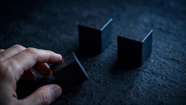Hand reaching for a fallen domino beside standing block on dark surface, symbolizing failure, setback, and a disrupted chain reaction.
