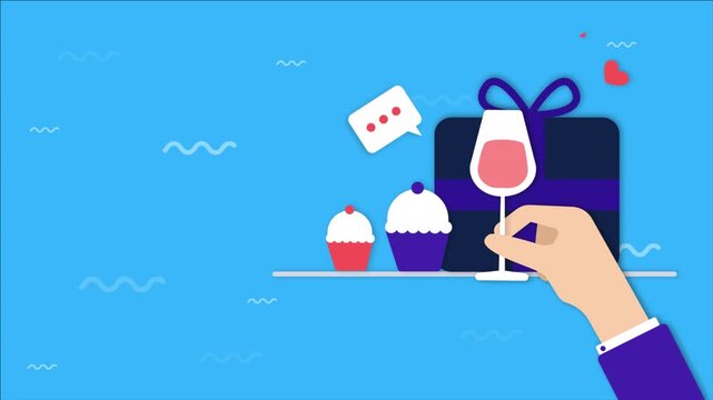 Animated festive celebration illustration with gift cupcakes and wine glass.