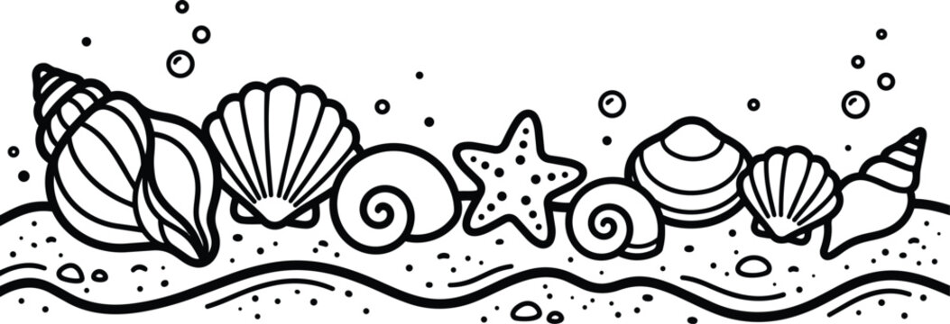 Seashell coloring page vector border, black and white sea shell line art on sandy beach, underwater ocean life outline illustration for kids