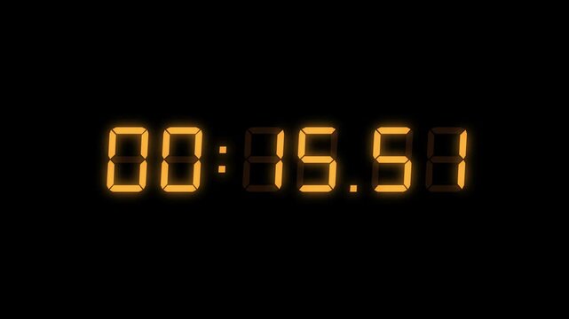 6 Digits Orange Red Digital Countdown Timer Starting at 00:20:00 (20 seconds) on Black Background, Featuring High-Visibility LED Display. 4K Motion Graphics.