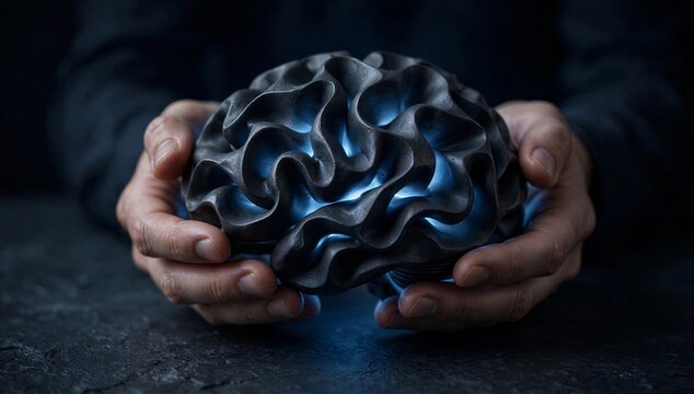 Hands holding a glowing brain symbolizing positive psychology, mental health, self awareness, resilience, and mindful inner growth.