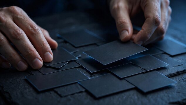 Hands arrange dark note cards, symbolizing vision board planning, goal setting, and personal manifestation.