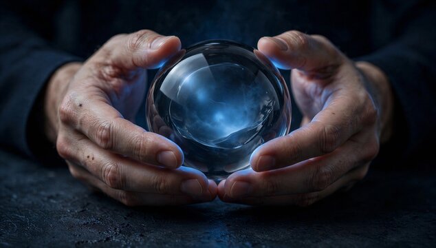 Hands hold a glowing crystal orb, symbolizing visualization, insight, future vision and imagination.