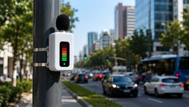 Digital noise pollution sensor mounted on a city street pole monitoring urban traffic sound levels.
