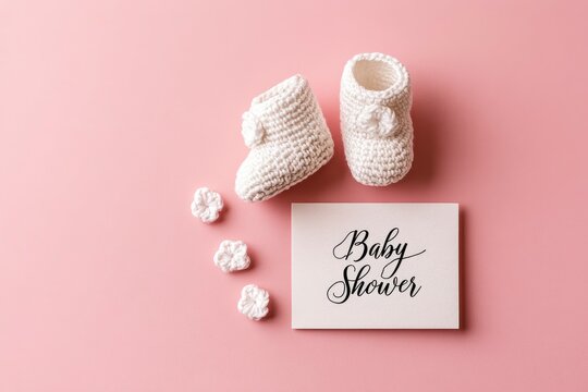 Baby shower card with white knitted booties on pink background in a clean flat lay shot for maternity and baby brand marketing