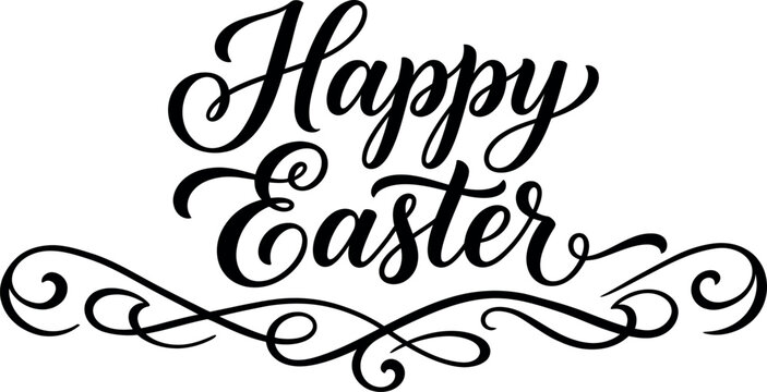 Elegant black ink happy easter typhography design with decorative vintage flourishes isolated on a clean white background for greeting cards