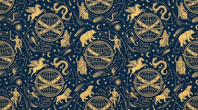 Vintage celestial pattern with armillary spheres and zodiac icons