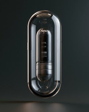 Futuristic metallic data storage capsule encased in a transparent glass cylinder on dark