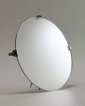 Large round reflector disc with metal frame and clamps standing on a grey