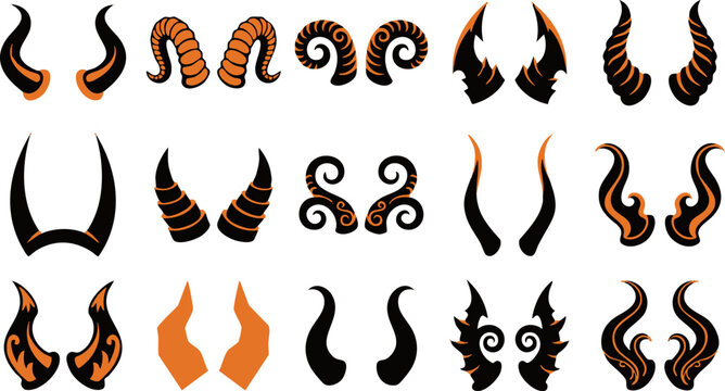 Set of various devil horns for halloween costume design and fantasy character illustration isolated on white background