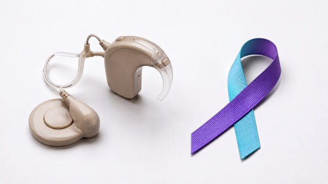 Cochlear implant and purple awareness ribbon on white background for hearing health