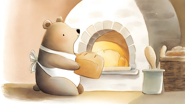 Cute bear baker taking freshly baked bread from a warm stone oven.