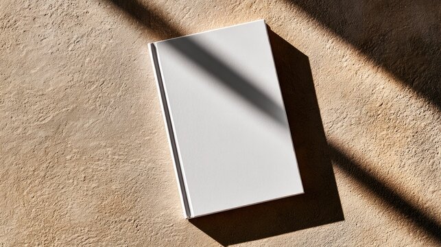 Blank book cover resting on textured stone surface with harsh diagonal shadows in a minimalist high-angle shot for branding and publishing marketing