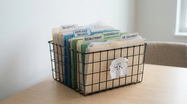 Organized wire basket with labeled file folders on HR document management system