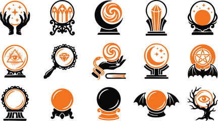 Set of mystical crystal ball icons for halloween design featuring magic spheres and occult fortune telling elements © delwar