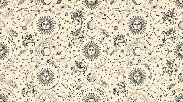 Vintage seamless pattern with sun moon and zodiac constellations