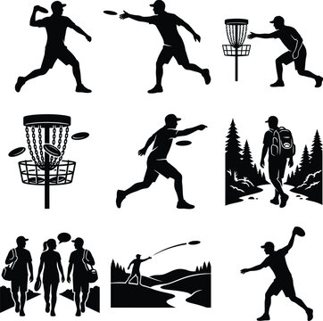 Vector Disc Golf Silhouettes with Players and Baskets
