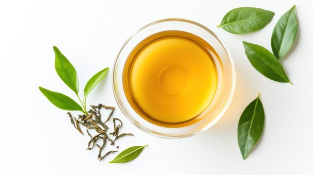 Aromatic Brew: A clear glass bowl holds golden herbal tea, surrounded by fresh green leaves and dried tea leaves, presenting a serene and natural beverage setting.