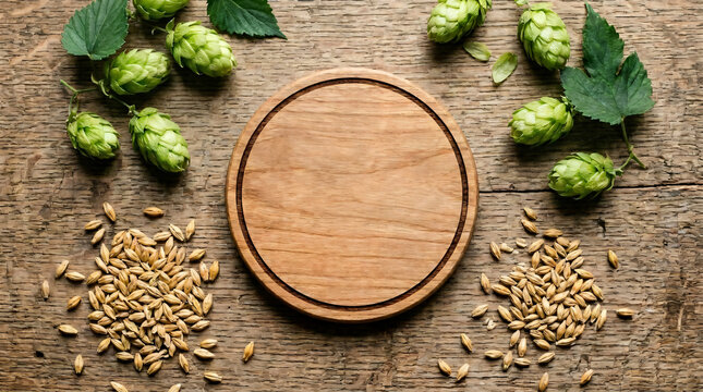 Beer ingredients with hops and malted barley around wooden coaster, ingredients