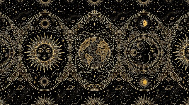 Ornate celestial zodiac pattern with mystical sun moon and planets