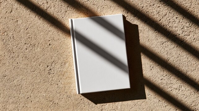 Blank white book resting with diagonal shadows on textured cork surface in a high contrast minimalist top-down shot for branding and publishing marketing