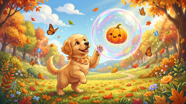 Whimsical vector illustration of a playful Golden Retriever puppy reaching for a floating soap bubble in an autumn park&mdash;featuring an adorable puppy wearing an orange patterned bandana pawing at a larg