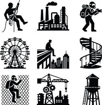 Industrial urban heights and construction vector icons collection
