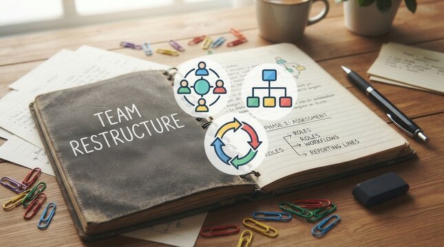 Team Restructure Concept: Open notebook with icons on organizational planning concept for workforce realignment