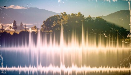 Fototapeta premium Audio soundwave graphic overlay on rural hill landscape.