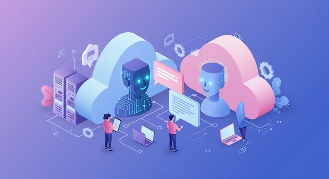 鮮やかな光彩を放つクラウド間でAIがデータを共有 人々が操作する未来的な技術連携のデジタルイラストレーション. AI Generated