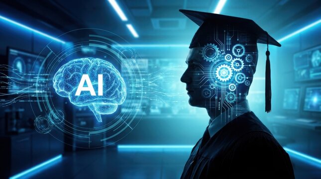 Student wearing graduation cap with artificial intelligence brain concept