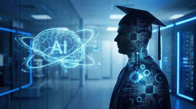 Artificial intelligence student with digital brain and circuit board body