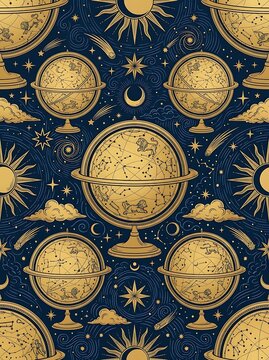 Vintage celestial globe pattern with sun and constellations