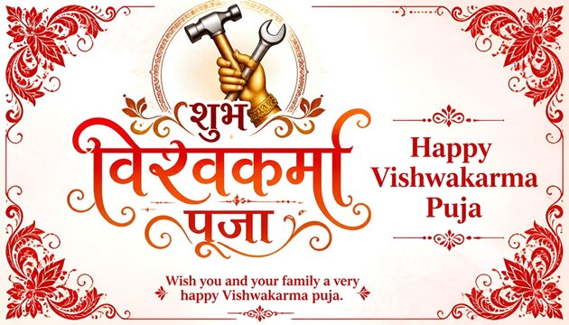 Hand lettering Sketch text of vishwakarma puja with abstract background.